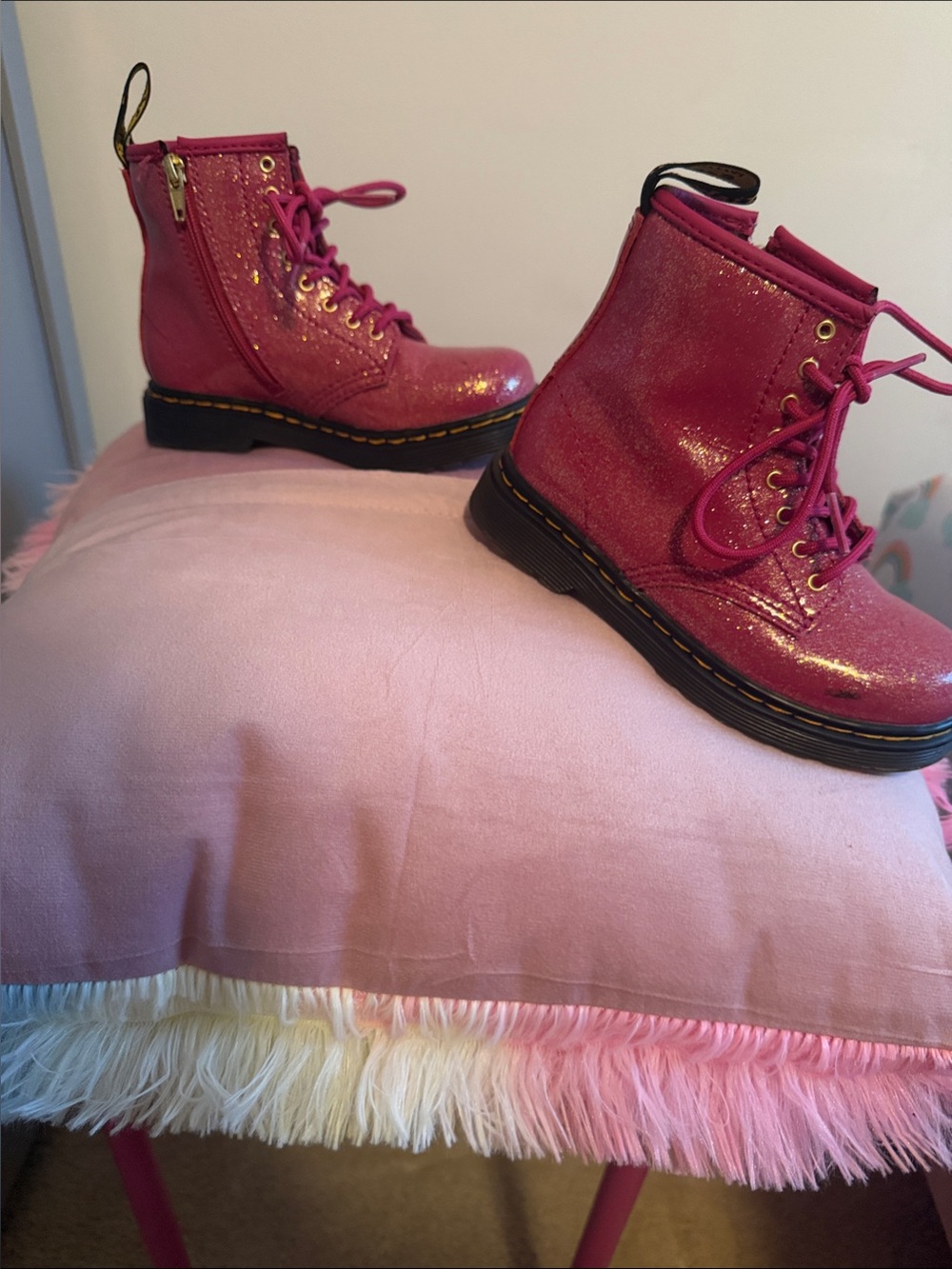 Dr. Martens Kids Hot Pink Glitter Lace-Up Boots